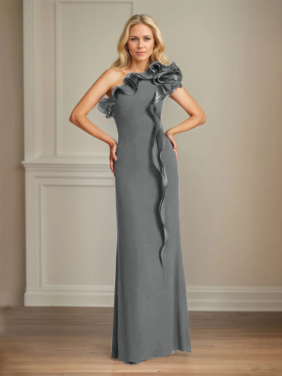Column One Shoulder Floor Length Mother of the Bride Dresses With Ruffles