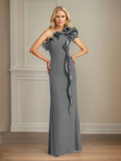 Navy Stretch Crepe Sheath/Column One Shoulder Floor Length Mother of the Bride Dresses With Ruffles