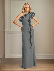 Navy Stretch Crepe Sheath/Column One Shoulder Floor Length Mother of the Bride Dresses With Ruffles