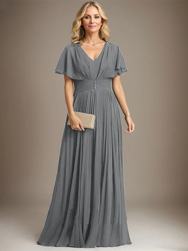 A-line V-Neck Floor-Length Chiffon Mother of the Bride Dress With Crystal Brooch Pleated