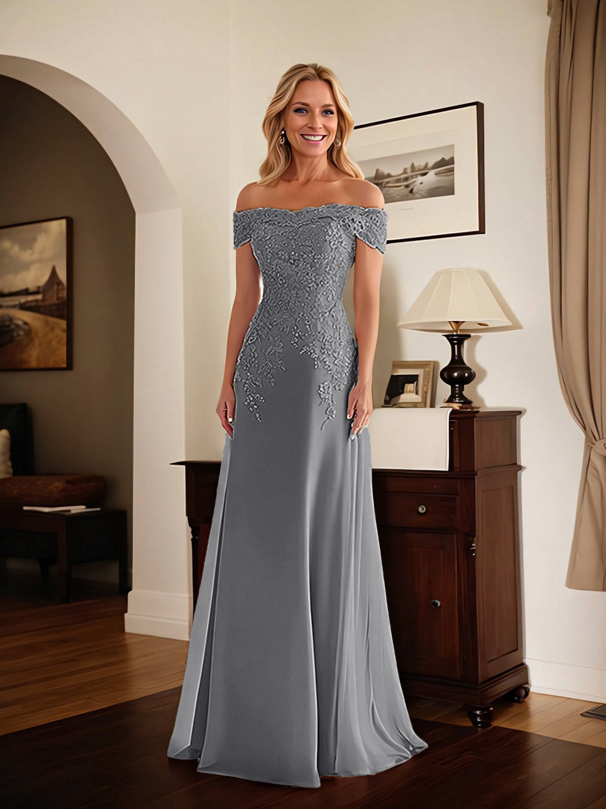 Elegant Taupe Off The Shoulder Sheath Mother of the Bride Dress with Lace