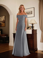 Elegant Taupe Off The Shoulder Sheath Mother of the Bride Dress with Lace