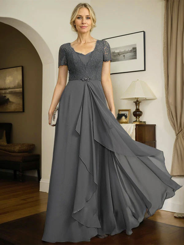 A-line Sweetheart Floor-Length Chiffon Lace Mother of the Bride Dress With Beading Cascading Ruffles