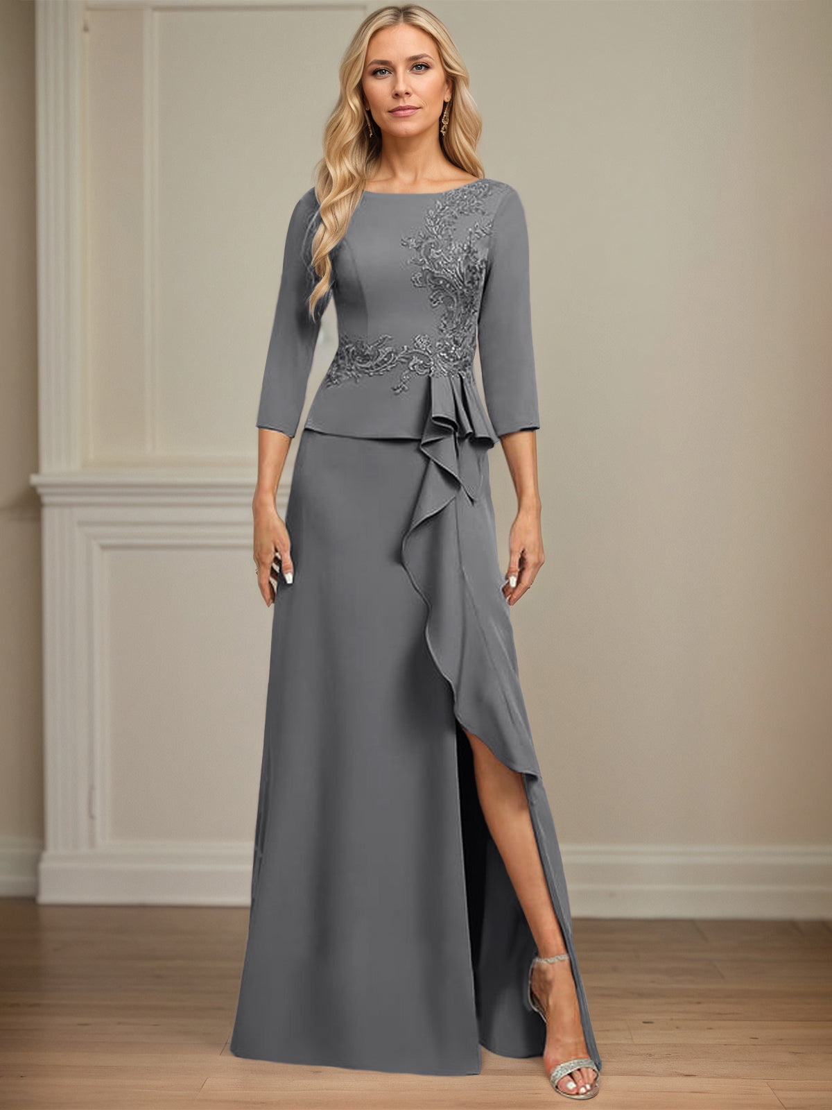 Column Scoop Floor-Length Stretch Crepe Dress With Cascading Ruffles Appliques