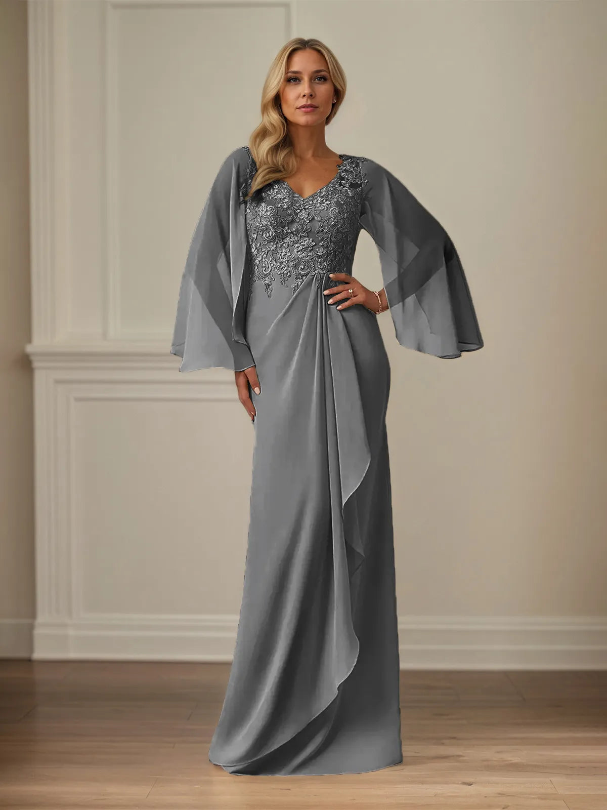 Column Chiffon V Neck Long Sleeves Floor Length Mother of the Bride Dresses With Appliques