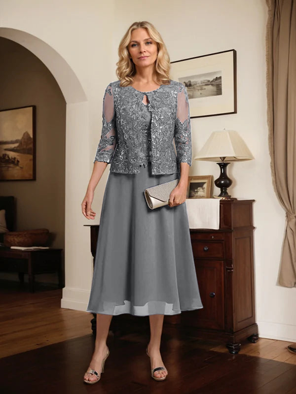 A-line Scoop Tea-Length Lace Chiffon Mother of the Bride Dress With Sequins