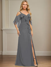 Sheath/Column Cold Shoulder V-Neck Floor-Length Chiffon Dress With Cascading Ruffles Sequins Beading