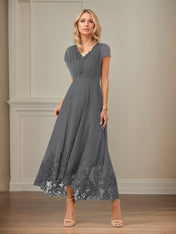 A Line V Neck Flutter Sleeve Ankle Length Chiffon Dress With Appliques