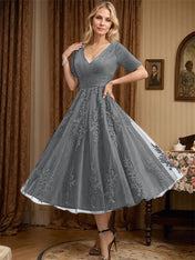 A-line V-Neck Tea-Length Tulle Lace Mother of the Bride Dress With Pleated
