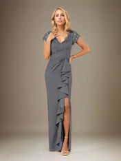 Sheath/Column V Neck Short Sleeve Floor Length Chiffon Dress With Cascading Ruffles