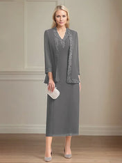 Sheath/Column Chiffon V Neck 3/4 Sleeves Tea Length Mother Of The Bride Dress