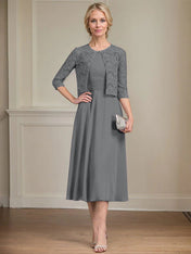 A-line Scoop Tea-Length Chiffon Mother of the Bride Dress With Pleated