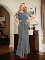 A-line Scoop Ankle-Length Chiffon Mother of the Bride Dress With Beading Pleated