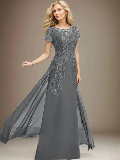 Column Scoop Illusion Floor-Length Lace Chiffon Mother of the Bride Dress With Sequins