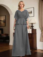 A-line V-Neck Floor-Length Chiffon Mother of the Bride Dress With Pleated Beading