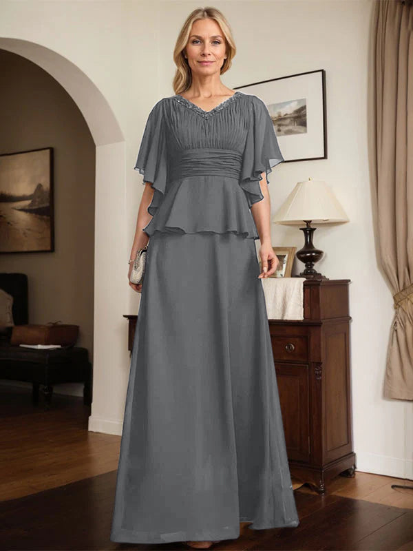 A-line V-Neck Floor-Length Chiffon Mother of the Bride Dress With Pleated Beading
