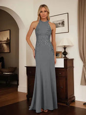Dusty Blue Sheath Halter Long Mother of Bride Dress With Appliques