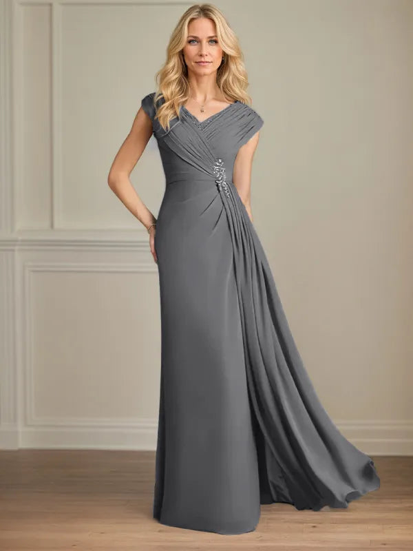 Column Chiffon V Neck Sleeveless Floor Length Mother of the Bride Dresses