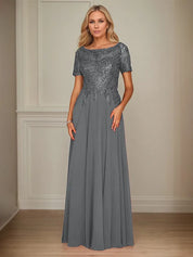 A Line Chiffon Boat Neck Short Sleeves Floor Length Mother of the Bride Dresses