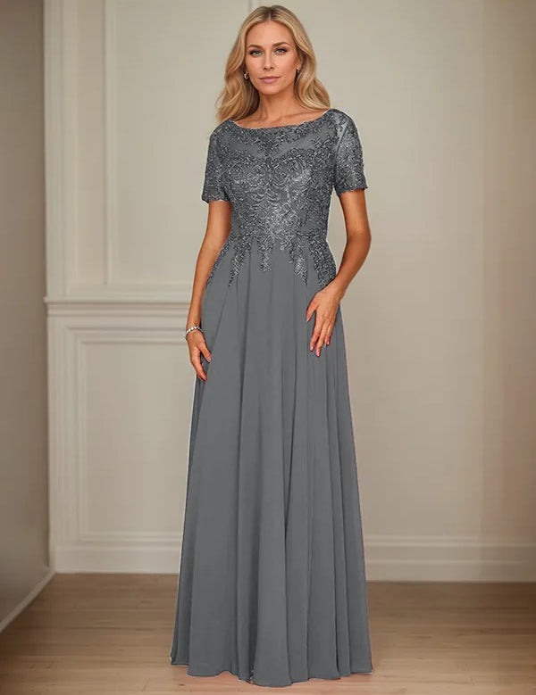 A Line Chiffon Boat Neck Short Sleeves Floor Length Mother of the Bride Dresses