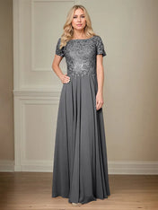 A Line Chiffon Boat Neck Short Sleeves Floor Length Pleated Mother of the Bride Dresses