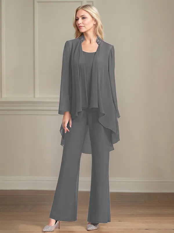 Chiffon Scoop Neck Long Sleeves Floor Length Mother Of The Bride Pantsuits