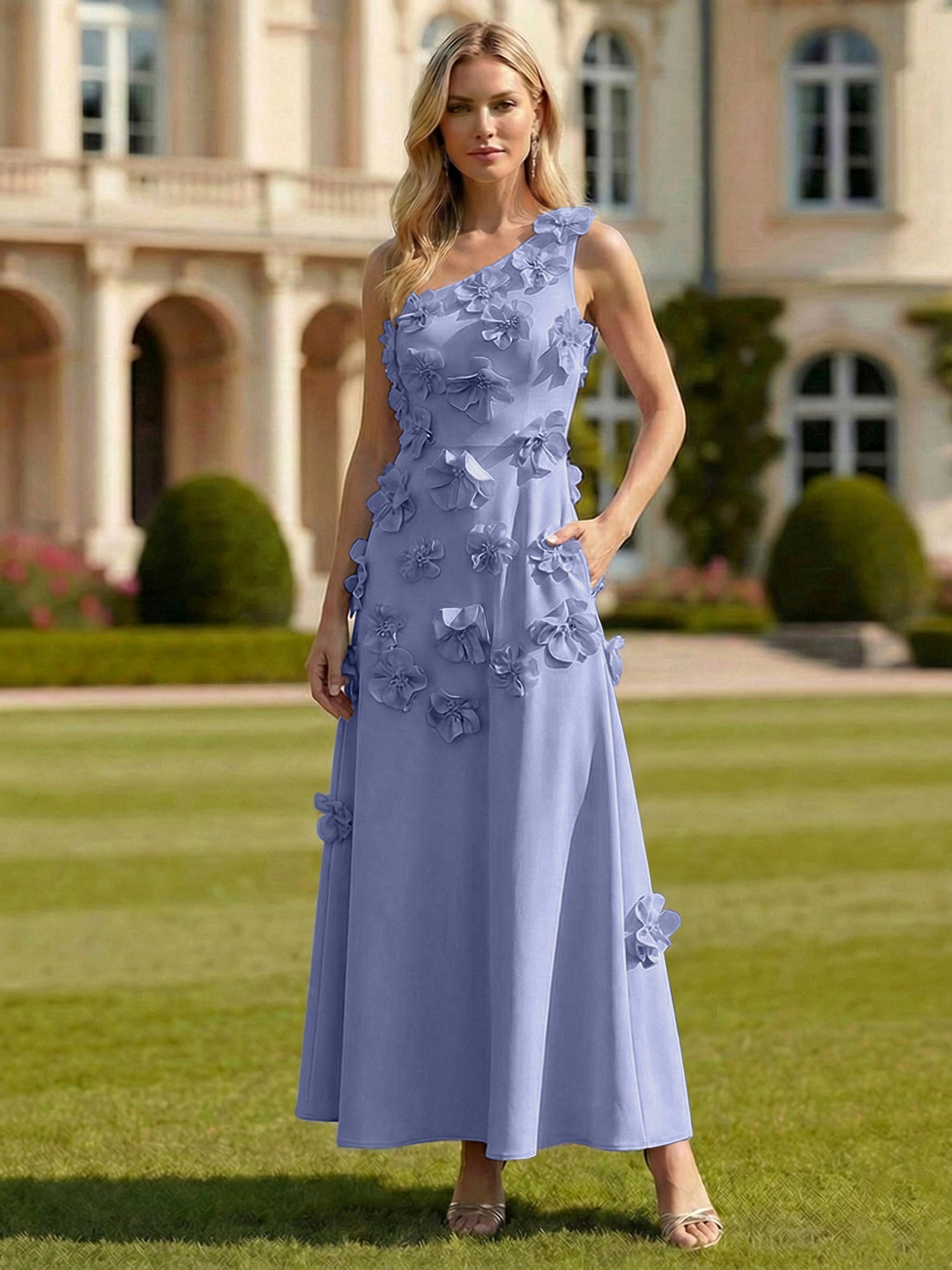 A Line One Shoulder Sleeveless Floor Length Stretch Crepe Dress With 3D Flowers