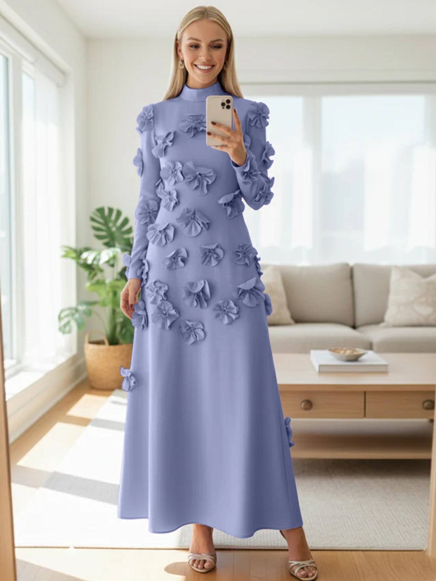 A Line High Neck Long Sleeves Floor Length Stretch Crepe Dress With 3D Flowers