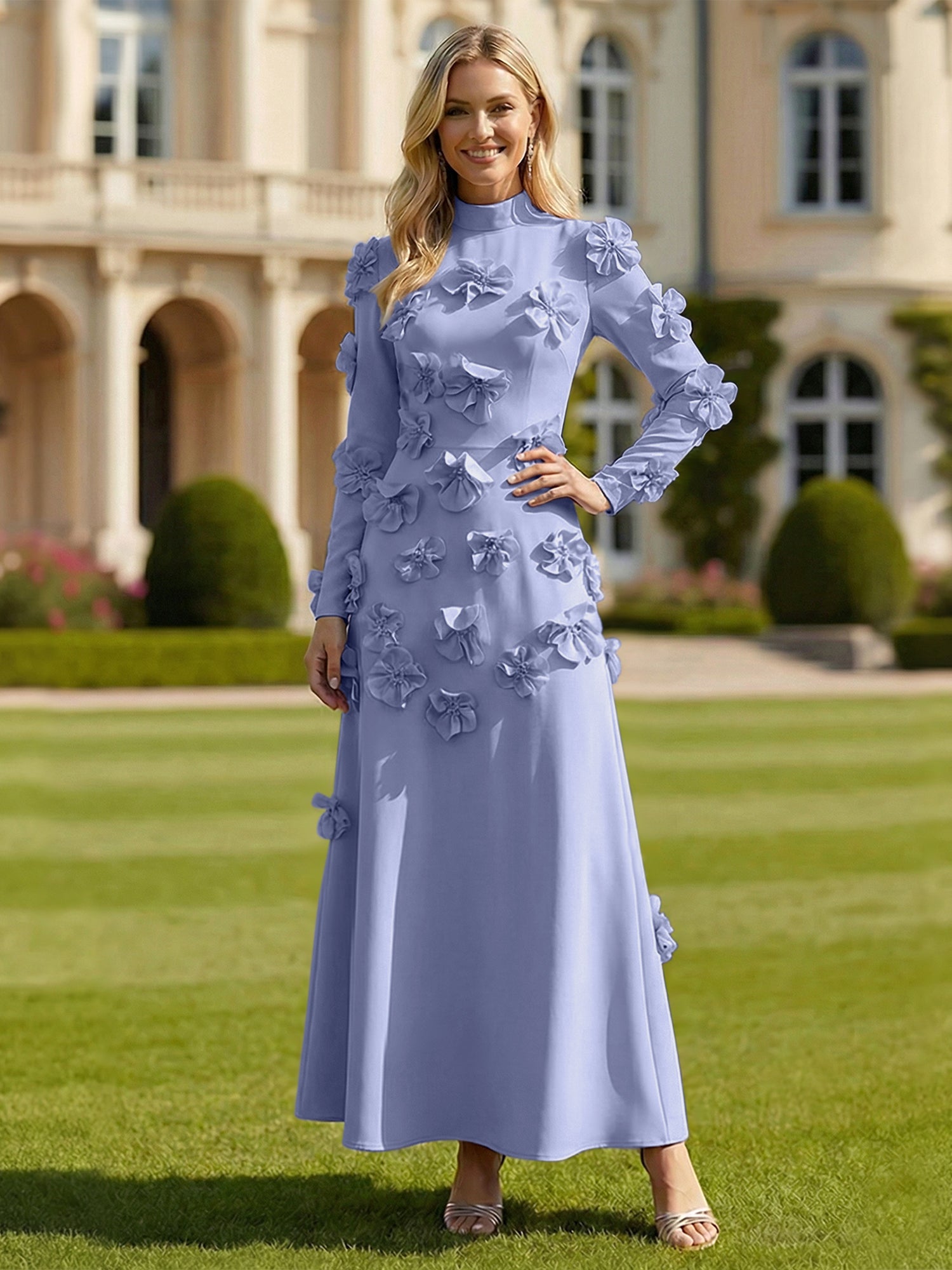 A Line High Neck Long Sleeves Stretch Crepe Dress With 3D Flowers