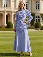 A Line High Neck Long Sleeves Stretch Crepe Dress With 3D Flowers
