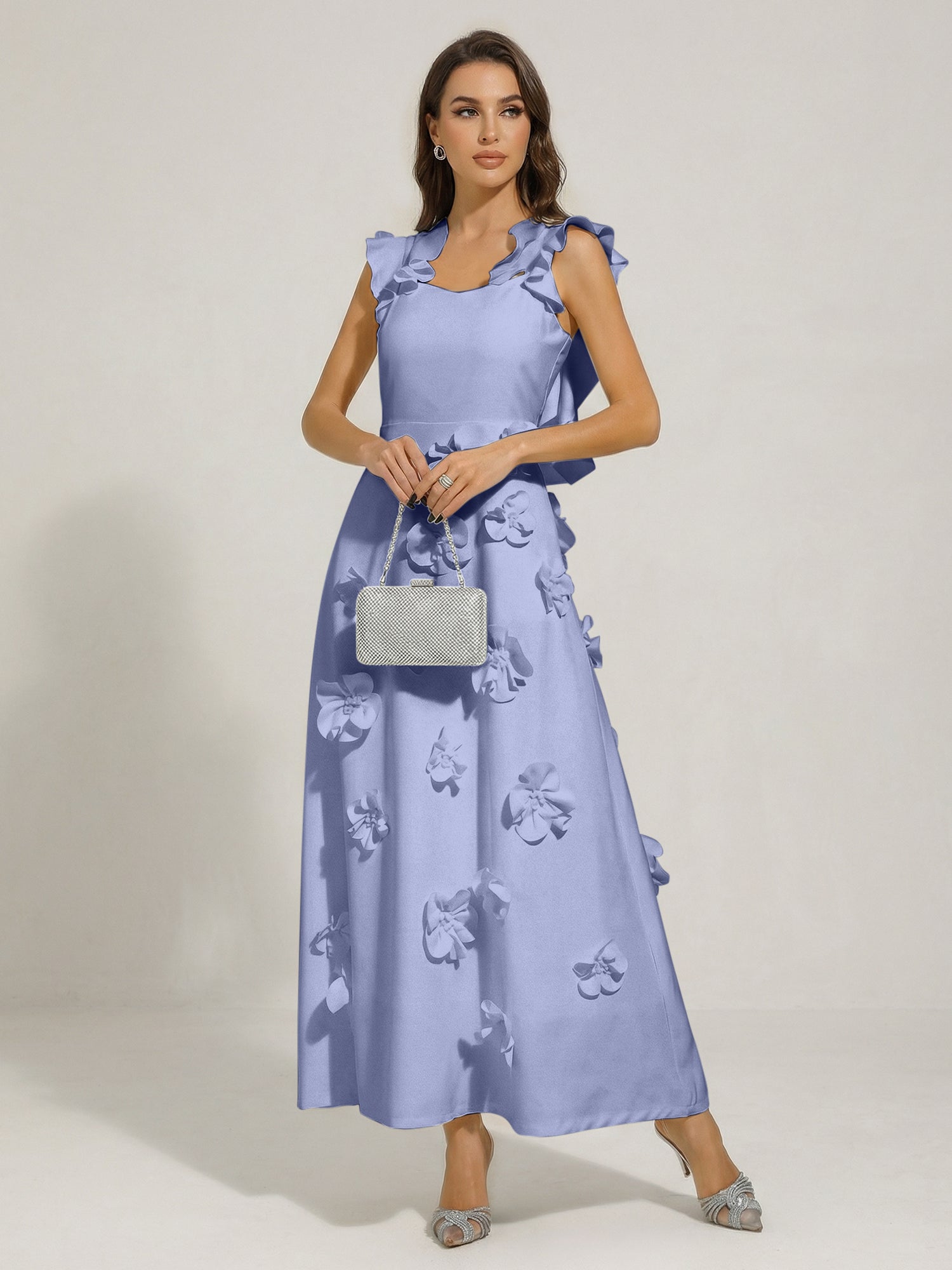 Chic White 3D Flowers A-Line Floor Length Stretch Crepe Dress with Pockets Maxi Dress