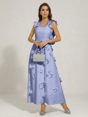 Chic White 3D Flowers A-Line Floor Length Stretch Crepe Dress with Pockets Maxi Dress