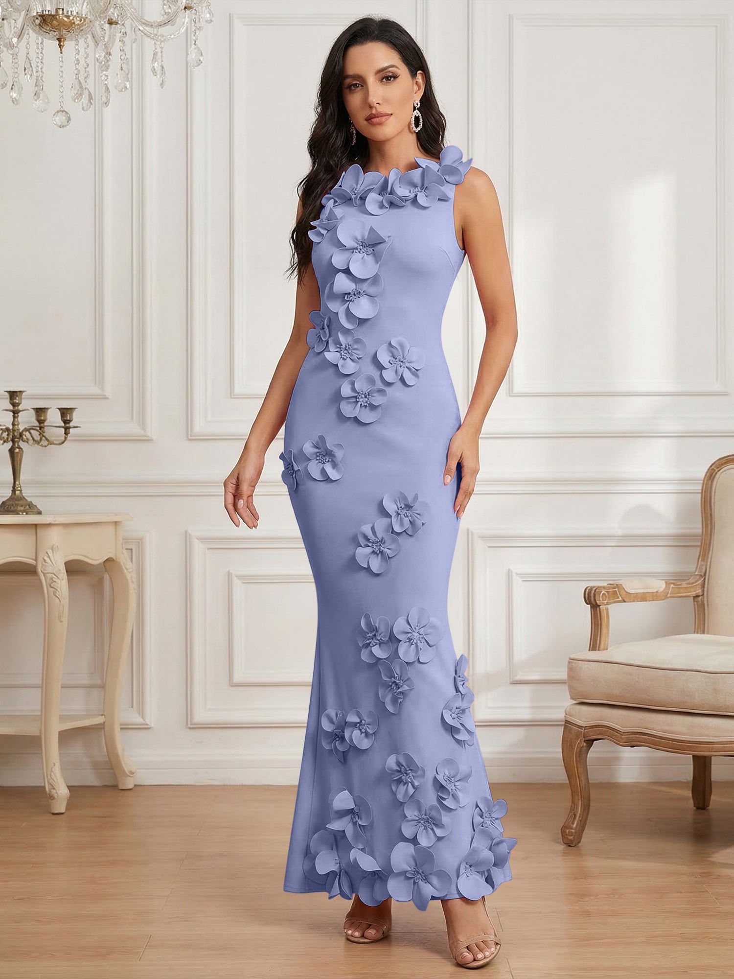 Romantic Pink Sleeveless 3D Floral Mermaid Gown