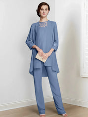 Tailleur-pantalon en mousseline à manches longues pour mère de la mariée avec veste 