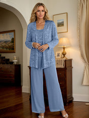 Steel Blue Chiffon Mother of the Bride Pantsuits with Jacket & Sequins