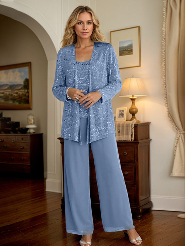 Steel Blue Chiffon Mother of the Bride Pantsuits with Jacket & Sequins