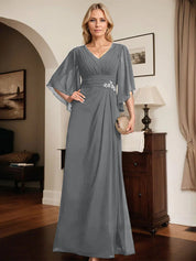 Robe de mère de la mariée fourreau/colonne, col en V, longueur au sol, en mousseline, avec paillettes plissées et perles 
