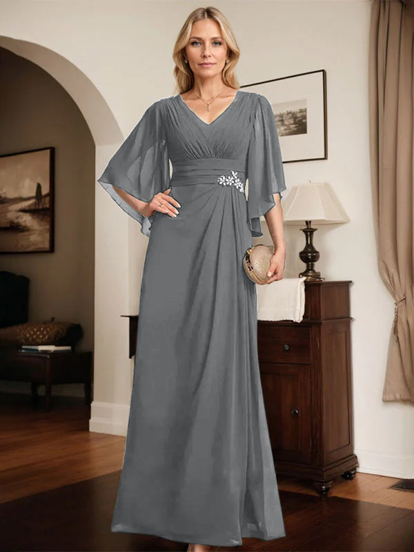 Column V-Neck Floor-Length Chiffon Mother of the Bride Dress With Pleated Sequins Beading