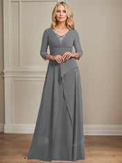 A-line V-Neck Floor-Length Chiffon Mother of the Bride Dress With Pleated Beading
