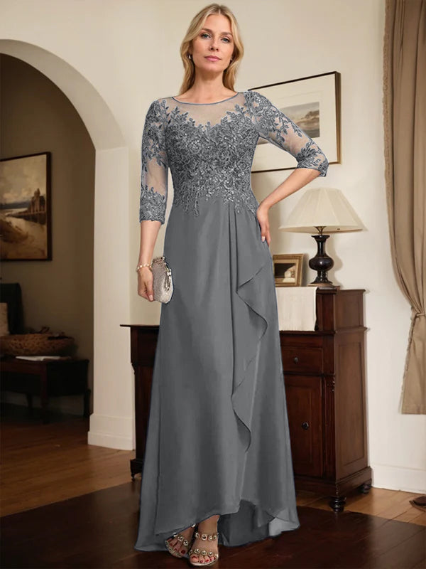 A-line Scoop Illusion Asymmetrical Lace Chiffon Mother of the Bride Dress With Sequins Cascading Ruffles