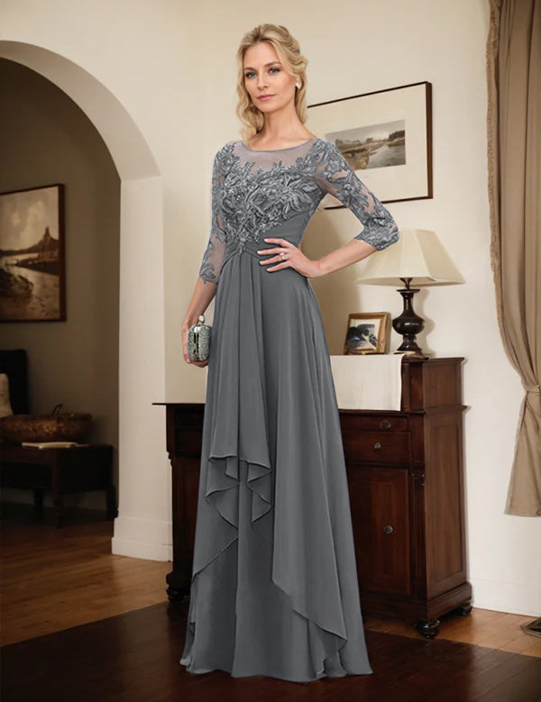 Robe de mère de la mariée trapèze en mousseline de soie et dentelle, longueur au sol, avec volants en cascade 