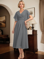 A-line V-Neck Tea-Length Chiffon Mother of the Bride Dress With Pleated Beading