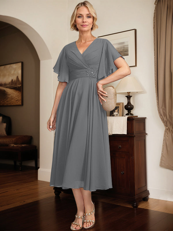 A-line V-Neck Tea-Length Chiffon Mother of the Bride Dress With Pleated Beading