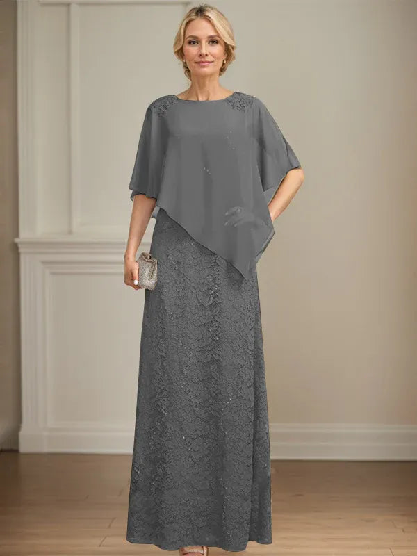 Column Scoop Floor-Length Chiffon Lace Mother of the Bride Dress With Sequins Beading
