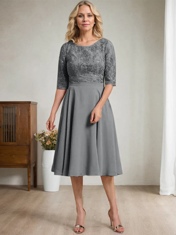 A-line Scoop Knee-Length Lace Chiffon Mother of the Bride Dress