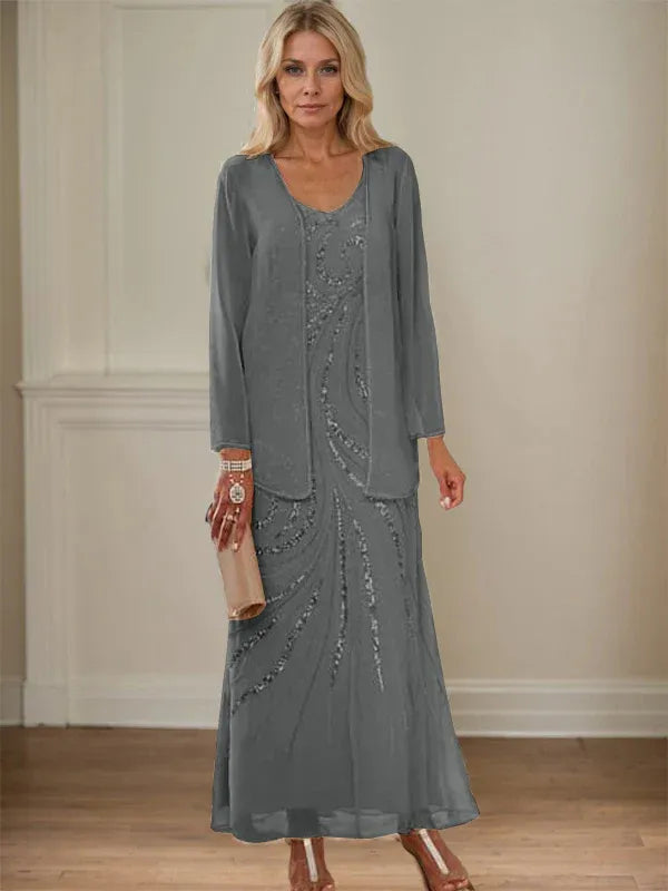Robe de mère de la mariée fourreau/colonne, col en V, longueur cheville, avec veste et paillettes 