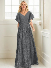 A-line V-Neck Floor-Length Lace Sequin Chiffon Mother of the Bride Dress With Pleated