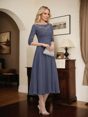A-line Scoop Illusion Tea-Length Chiffon Lace Mother of the Bride Dress With Beading Sequins