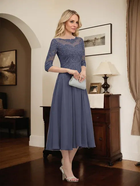 A-line Scoop Illusion Tea-Length Chiffon Lace Mother of the Bride Dress With Beading Sequins