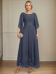 Robe de mère de la mariée trapèze en mousseline de soie et dentelle, longueur cheville, décolleté en V, illusion, avec paillettes 